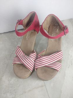 Tom's Red Stripe Strappy Heels Wedges Very Nice size 5