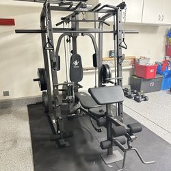 Smith Machine 1001 w/Bench Attachment | 230lb Bumpers Olympic Weights | 7ft Olympic Bar | Gym Equipment | FREE DELIVERY🚚 