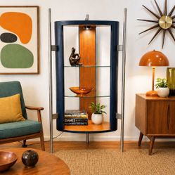Post Modern Illuminated Art Display Cabinet Pedestal Shelf Glass Metal Contemporary Sculptural Curio Collectible Trinkets Glassware 