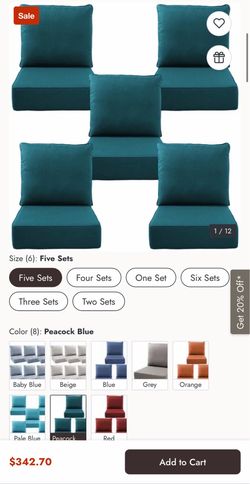 24"x22"x6" Patio Thick Cushions & Pillows Set - Deep Seat Indoor/Outdoor Water & Fade Resistant - Five Sets - Peacock Blue