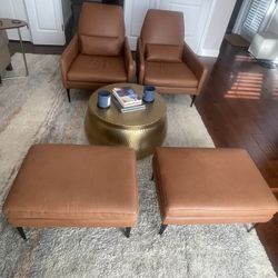 West Elm Leather Chairs and Ottomans