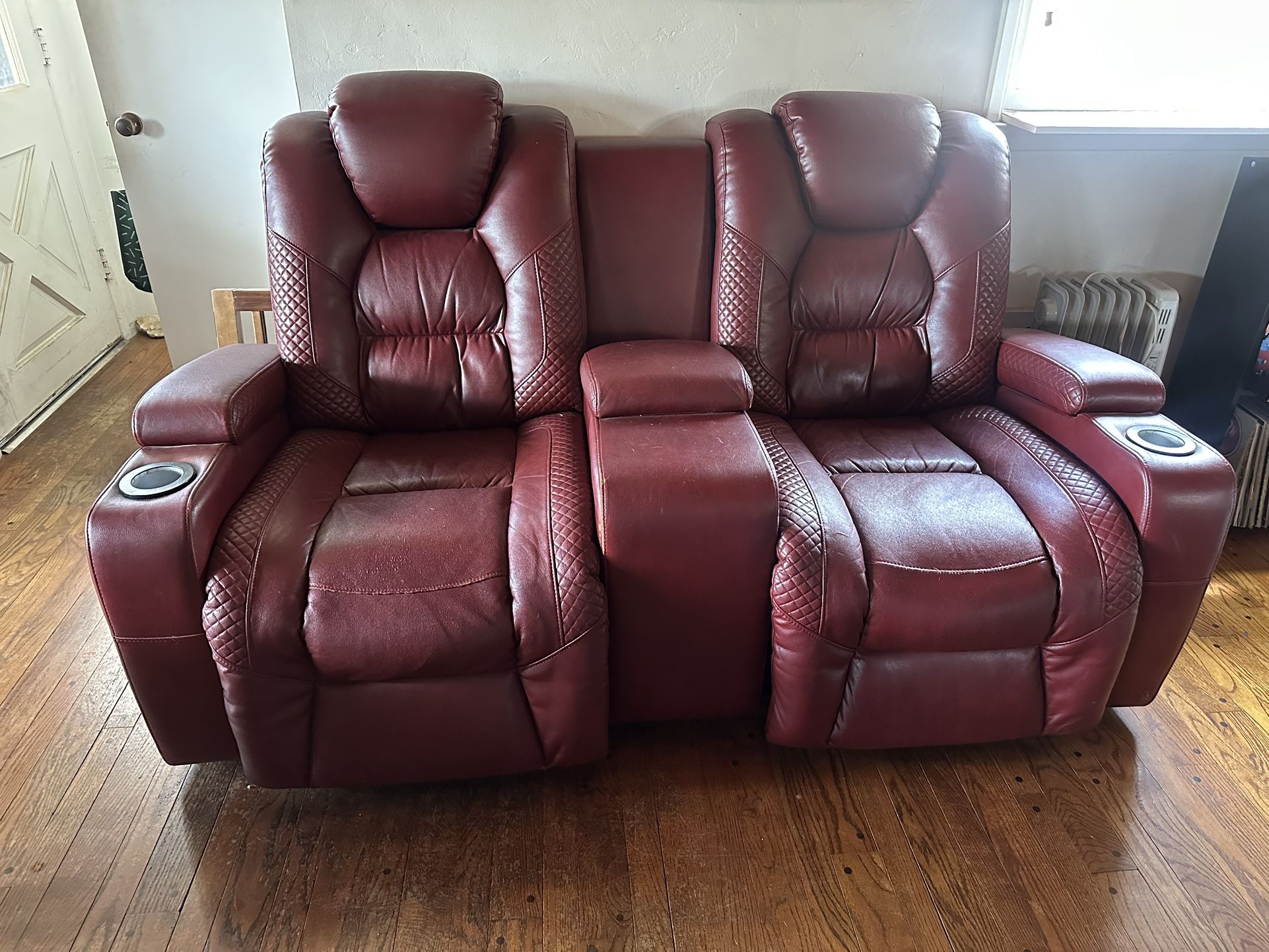 Red Leather Power Reclining Loveseat – USB & LED Cup holders