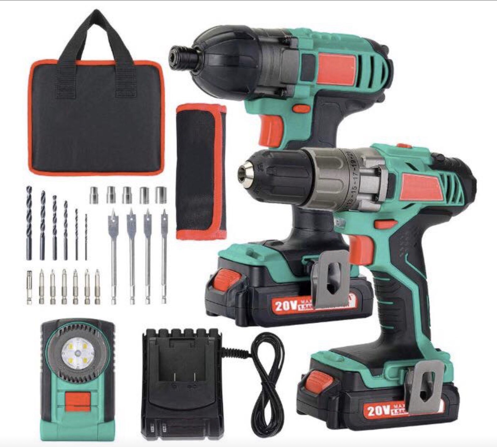 Brand New in Box Cordless Drill Driver 18V 35Nm and Impact Driver Drill Combo Kit, 2x1.5Ah Batteries,1H Fast Charging,300/150lm LED Flashlight,22PCS