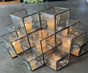 Center Piece 14 Candle 3 Level Beveled Glass, Mirrored Bottom With A Metal Frame.