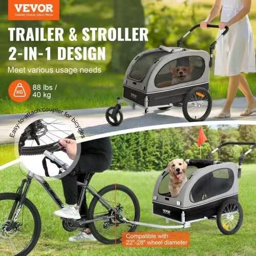 Dog Bike Trailer, Supports up to 88 lbs, 2-in-1 Pet Stroller Cart Bicycle Carrier, Easy Folding Cart Frame with Quick Release Wheels, Universal Bicycl