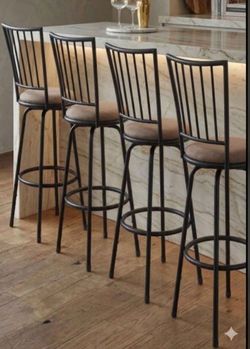 Set of 4 Black Finish Scroll Back Adjustable Metal Swivel Counter Height Bar Stools with Padded Seat Cushions