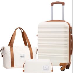 Carry On Luggage Sets 3 Piece 20 Inch Suitcase Set, ABS+PC Hardshell Lightweight Travel Luggage with Spinner Wheels & YKK Zipper TSA Lock (WHITE-BROWN
