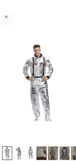 astronaut Halloween space suit with embroidered mission patches metallic silver
