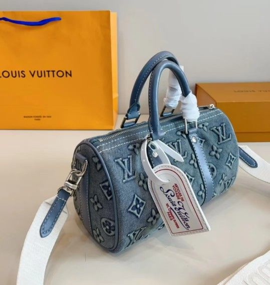 💥LOUIS VUITTON Keepall 25 Denim Blue Bag For Men And Women! Classic Old Flower + Denim Collision