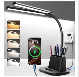 LED Desk Lamp with USB-C Charging Port, Organizer Base, Pen Holder, Phone Stand, 25 Lighting Modes, Flexible Gooseneck Touch Lamp for Home Office, Stu