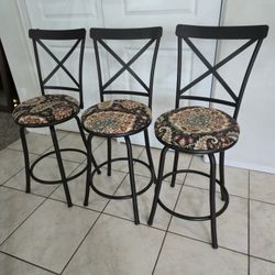 Set of 3 Swivel Bar Stools – Reupholstered, Black Metal, 38” High