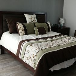 Queen Bed, box spring mattress and bedding