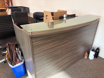 Reception desk. Modern grey wood. Frosted glass top