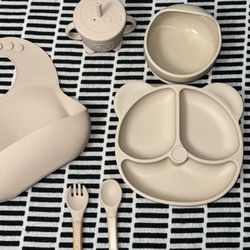 6-Piece Silicone Dinnerware Set in Beige Colors with Fork and Spoon/Bottle