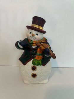 Ceramic Christmas Snowman playing Violin figurine 8”