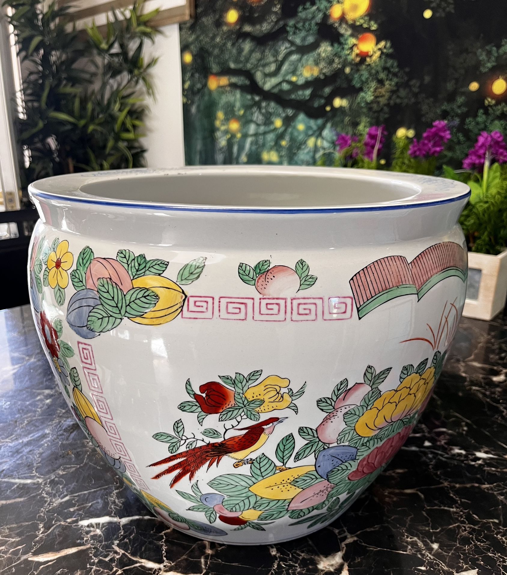 17.8 Lbs. Large, Beautiful, Porcelain, Jardiniere Koi Fish Bowl with Floral Design