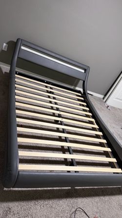 Full Size Gray Faux Leather Bed Frame with LED Headboard