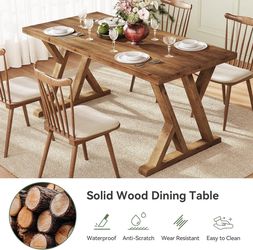63" Wood Dining Table, Farmhouse Kitchen Dinner Table For 4-6 People