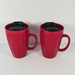 Thoughfully Stoneware Red Cable Knit Sweater Textured Mugs Sealable Lid Set of 2