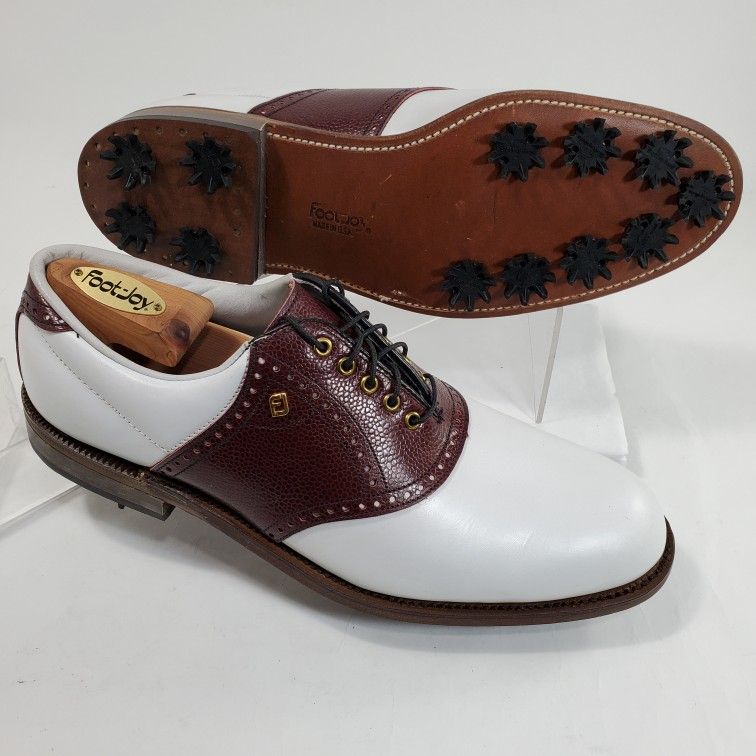 Footjoy Classics Mens 10 C Calfskin Golf Shoes Saddle Brown White 51714 USA Made