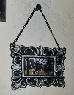 VINTAGE ORNATE BLACK GOTH GOTHIC VICTORIAN SILVER FRAME FOREST TREE METAL CHAIN PICTURE ART DECOR