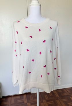 Terra & Sky cream and fuchsia embroidered heart sweater with bishop sleeves size 2X