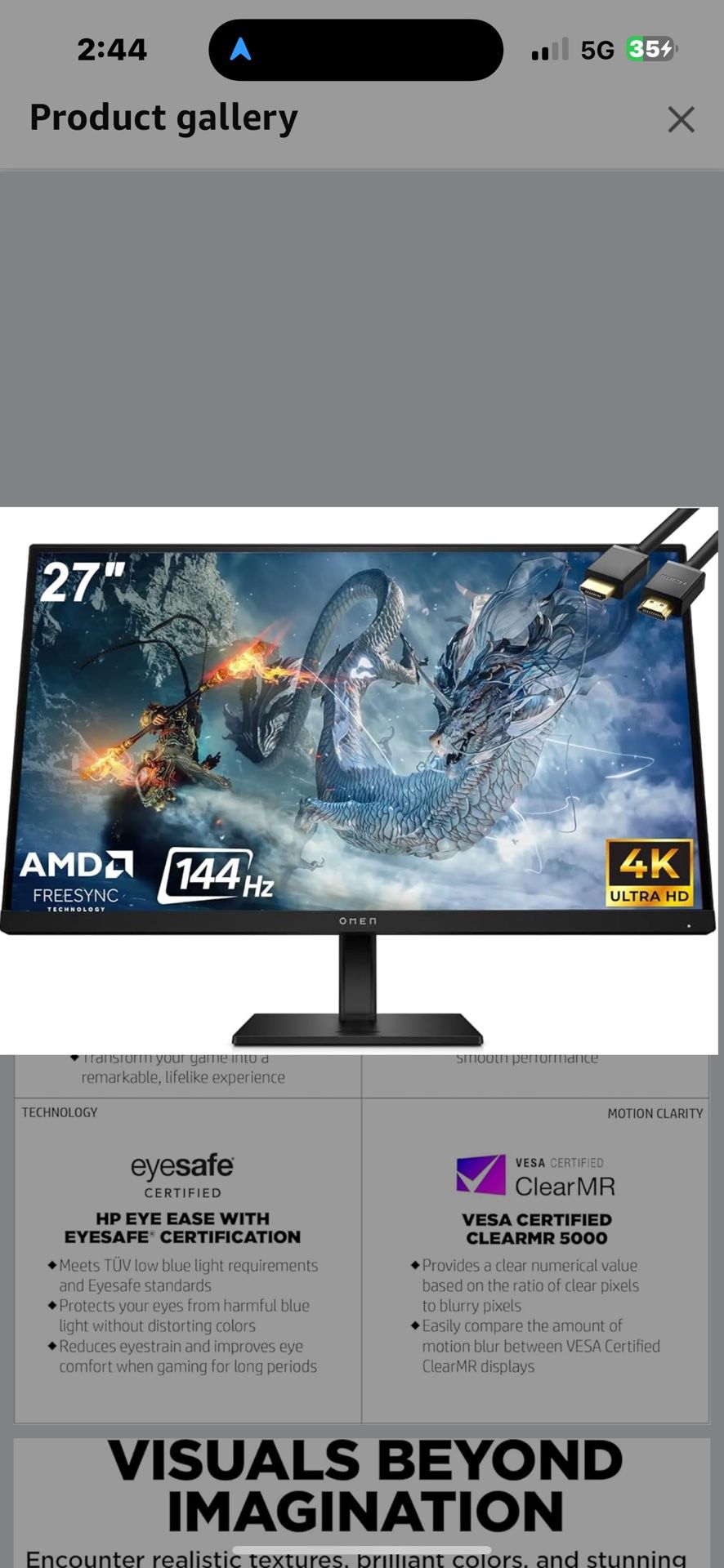 OMEN 27k Gaming Monitor, 27" 4K (3840 x 2160) UHD 144Hz IPS Display, 1ms, AMD FreeSync, 99% sRGB, NVIDIA G-SYNC, HDMI 2.1, DisplayPorts, OMEN Gaming H