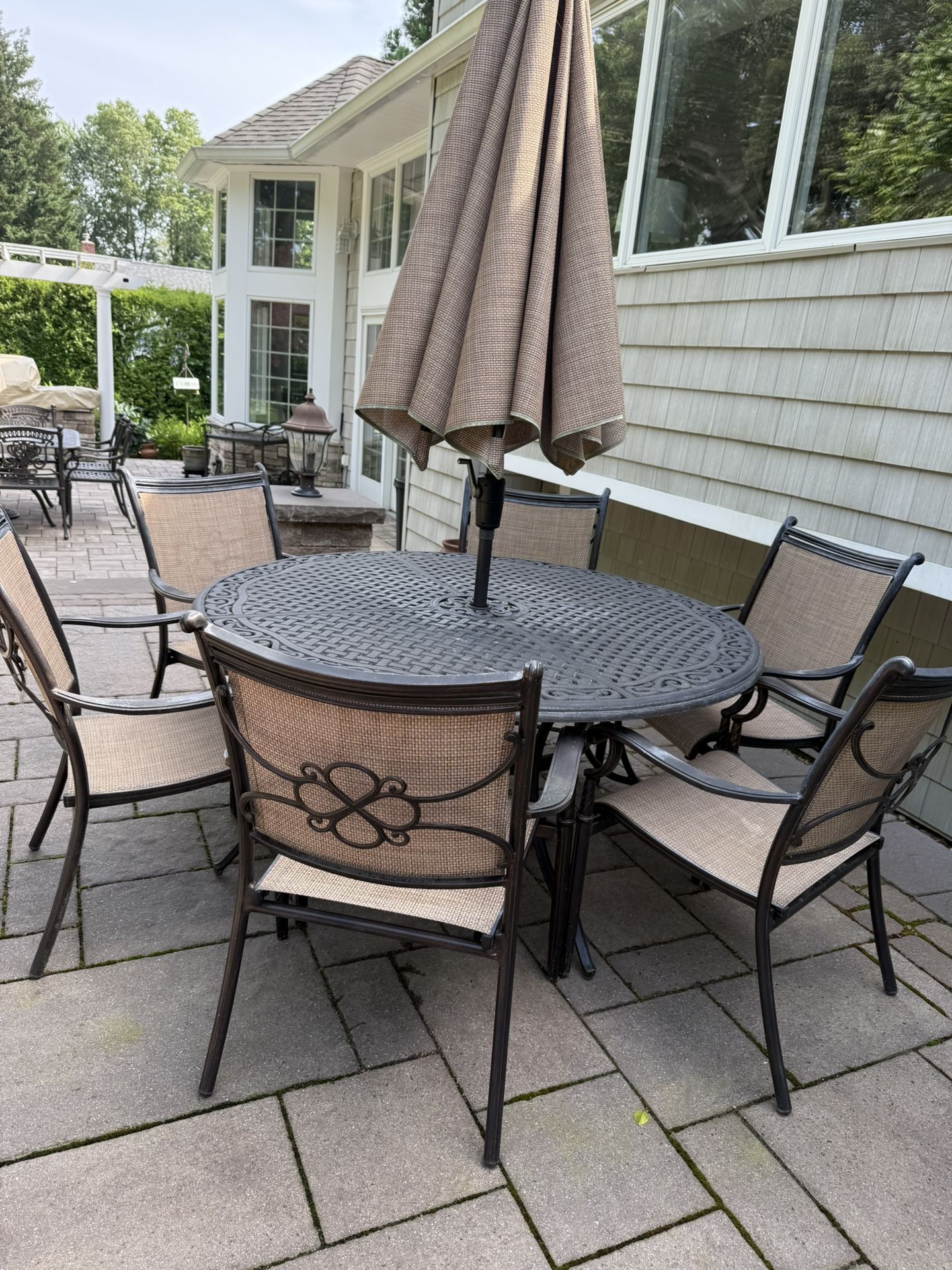 60” Outdoor Table And 6 Sling Back Chairs