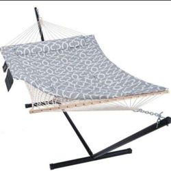 Outdoor Double Hammock with Stand, Two Person Cotton Rope Hammock with Polyester Pad