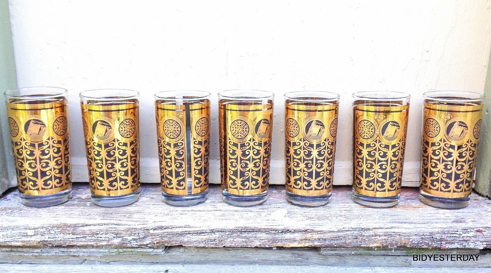 1960's Mid century Prudential Rock of Gibralter Mediterranean hollywood regency water tumblers x 7