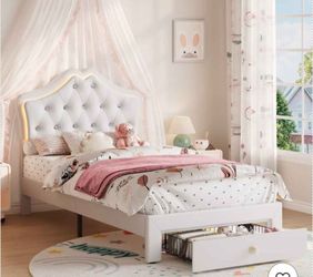 Twin Size Bed Frame with LED Lights & Velvet Crystal Button Headboard (see description)