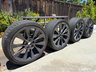 21" OEM Tesla Model S Twin Turbine Wheels & Tires - Grey Staggered Set
