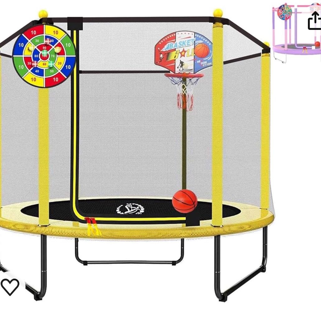 LANGXUN 60" Trampoline for Kids, 5ft Mini Toddler Indoor & Outdoor Trampoline with Net, Basketball Hoop & Dart Board, Birthday Gifts for Boys & Girls,
