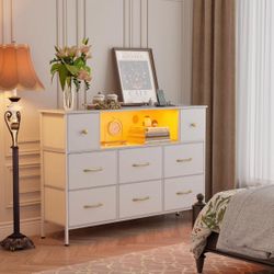 DRESSER - 8 Fabric Drawers Dresser for Bedroom with Power Outlets and LED Lights - Living Room, Entryway