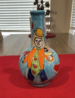Vintage - La Musa Pottery Vase: Hand-Painted Whimsical Clown, Italy. Excellent Quality-Condition