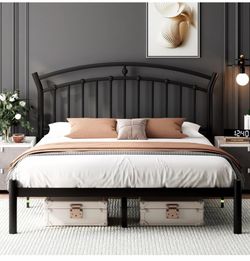 Black Metal Platform Bed Frame with Headboard