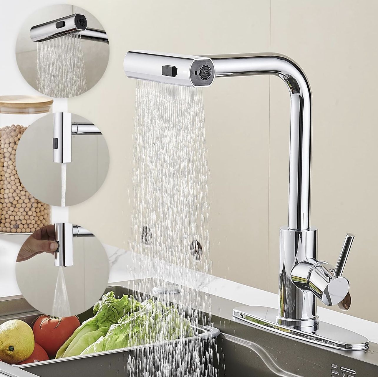 AVSIILE Kitchen Faucet with Pull Down Sprayer, Chrome Waterfall Touch Single Hole