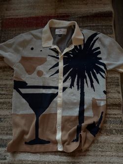 Free Planet Shirt Men's Small Crocheted Polo Graphic Button Crochet