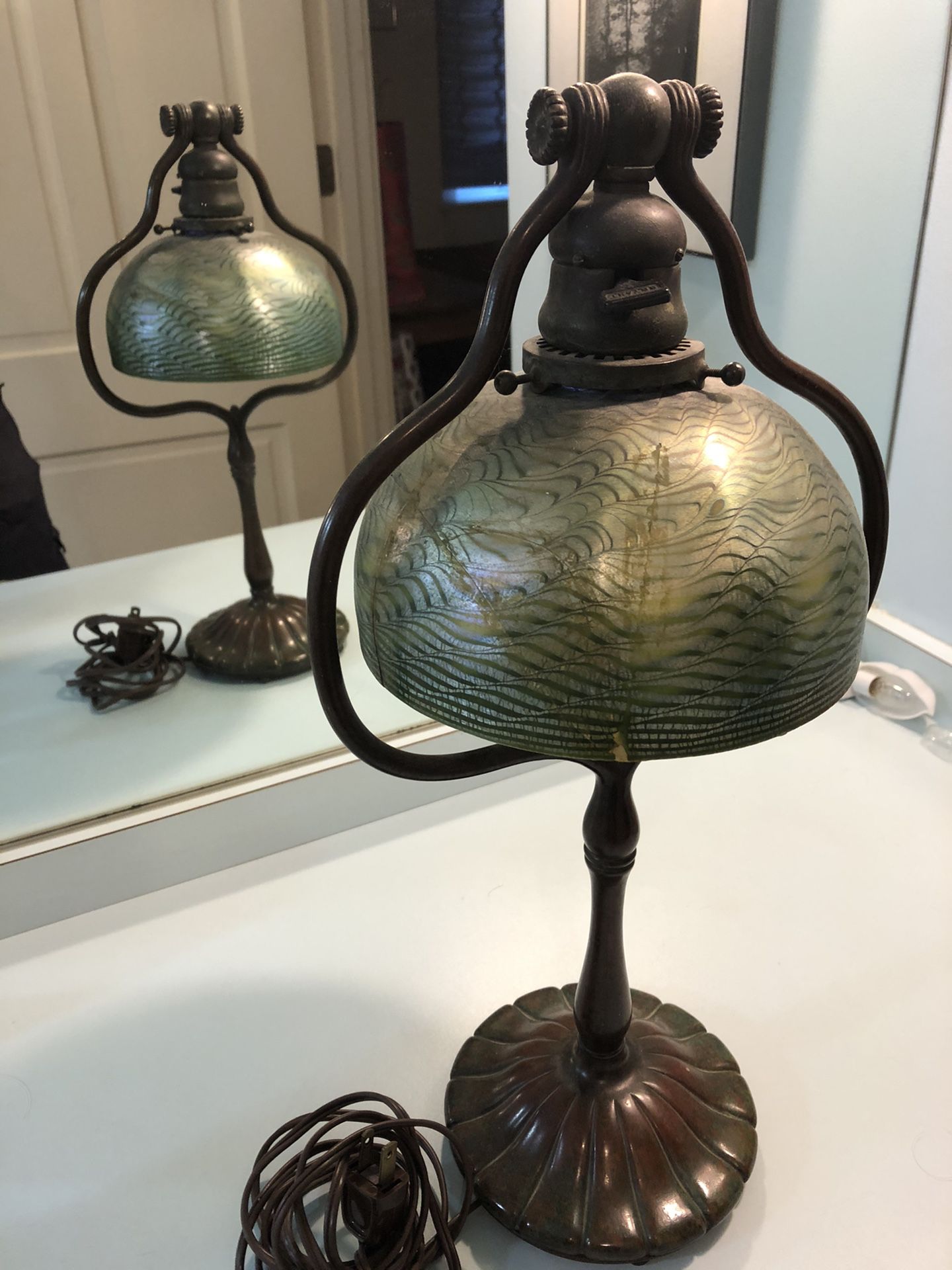 Tiffany Bronze and Favrile Glass Desk Lamp