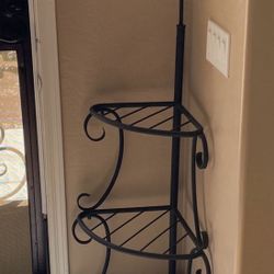 Vintage Corner Black Wrought Iron Shelf With Attached Floor Lamp
