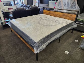 Brand New King Frame Brown Oak Metal Frame W/ King Size 14 Inch Matttess Pillow Top $599
