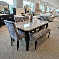 Pascal Gray/White Marble-Top Dining Set
Table & 4 Side Chairs & Bench