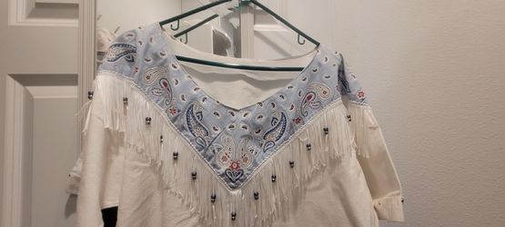 Vtg Hazel Woods Southwestern Fashion Top XL White Cotton BLue Short Sleeve square dancing, rodeo or cowgirl shirt