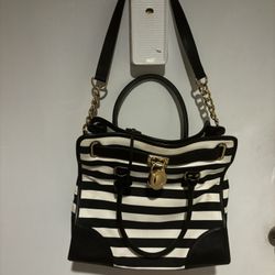 MICHAEL KORS handbag HAMILTON LARGE purse BLACK WHITE STRIPED TOTE shoulder BAG 