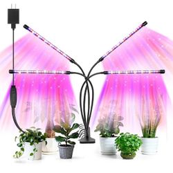 Led Grow Lights, 4 Heads Red Blue Plant Light with Clamp for Indoor Plants & Seed Starting, 10-Level Dimmable, Auto On Off, Timing 3 9 12Hrs
