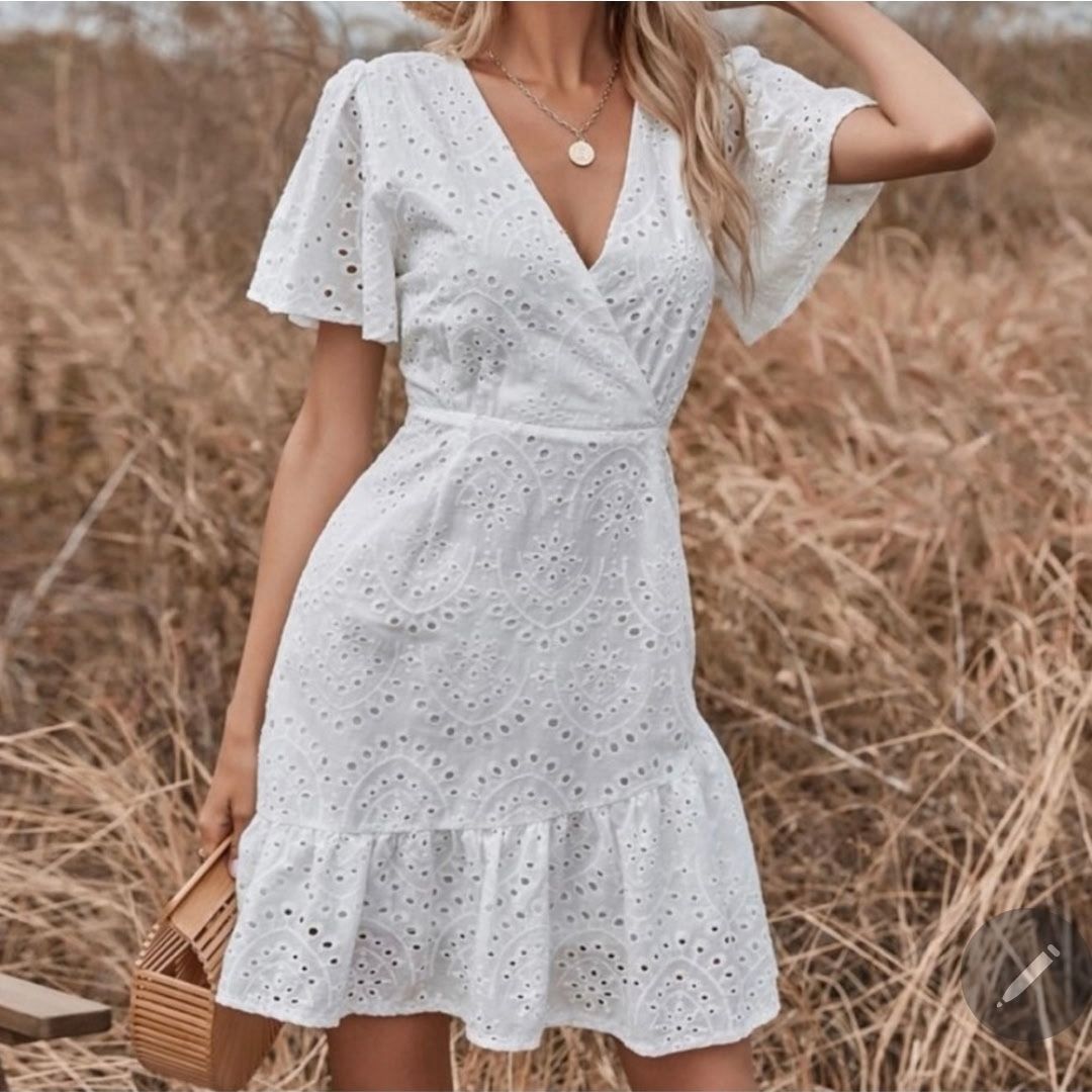 Japna White Wrap Eyelet Dress