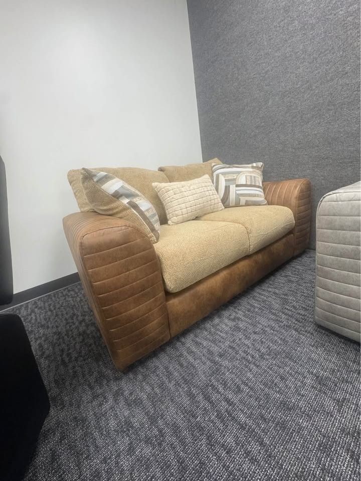 OVERSIZED SOFA & LOVESEAT – BROWN LEATHERETTE W/ CREAM LINEN SEATS