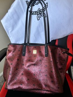 MCM Visetos Reversible Metallic tote in a red or "scooter red