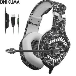 Gaming Headset, ONIKUMA K1B Pro Camo Elite Stereo Gaming Headset, Noise-canceling with Mic LED Lights Earphone for PS4, Xbox, PC and Switch, Grey

