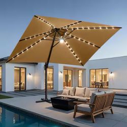 13 ft. x 10 ft. Aluminum Patio Cantilever Umbrella with Solar Lights Double Top Outdoor Offset Umbrella in Tan Brown